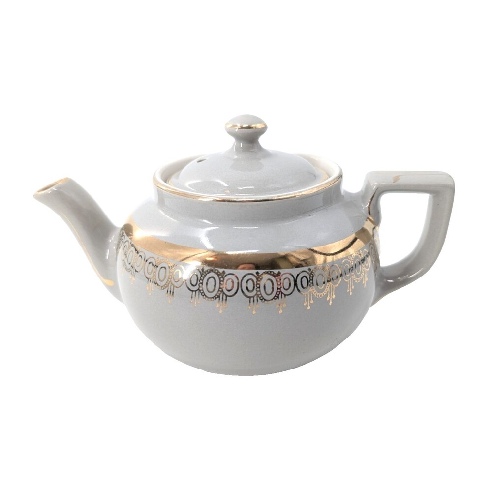 Hall Vintage Gray Metallic Gold Tea Pot 6 Cups Made in USA Art Deco Style